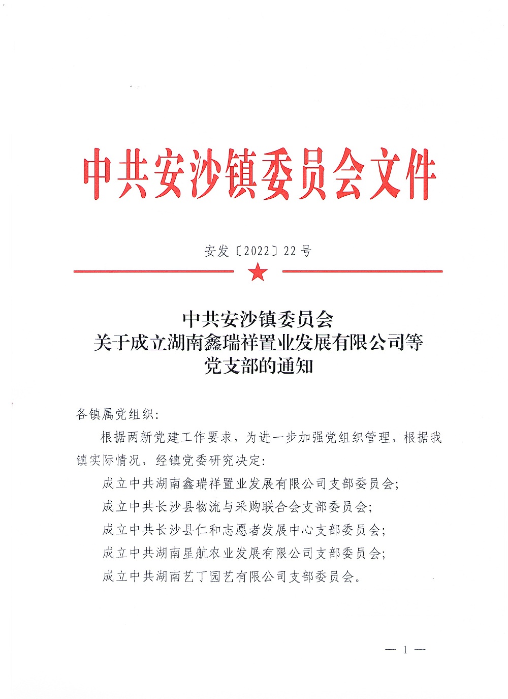 中共安沙镇委员会关于成立湖南鑫瑞祥置业发展有限公司等党支部的通知